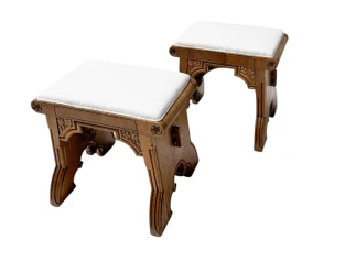 Arts & Crafts Hand-Carved Oak Stools with Boucle Upholstery, 1900s